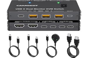 Camgeet USB C KVM Switch 2 PC 2 Monitor, 4K@60Hz Double Monitor KVM Switch USB C HDMI MST pour 2 Laptop 2 Monitor et 10 Gbps 4 USB 3.1 Hub, 80W PD Charge, avec 2x usb c câbles,télécommande filaire