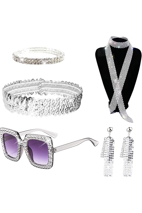 Disco Accessoires Set 6-teilig Für 70er/80er Jahre Party - Glitzer Stirnband, Ohrringe, Schal, Sonnenbrille, Armband & Ring