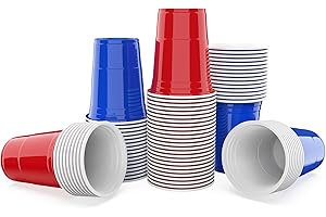AOLUXLM 50 Gobelets Cups, Réutilisables Gobelets en Plastique Rouges et Bleus Gobelets en Plastique de 16 oz - L'ensemble Comprend 10 Balles de Ping-Pong + 54 Cartes à Jouer
