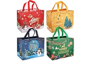 PARSUP 4PCS Christmas Bags for Gifts, Tote Bags with Handles, Christmas Treat Bags, Non-Woven Christmas Bags for Gifts Wrapping Shopping, Xmas Party Supplies