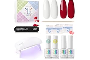 RSTYLE Kit Semipermanente Unghie, Smalto Semipermanente Kit Completo Professionale 2 coloris 2 Base e Top Coat Lampada 6W Soak Off Set Classico UV Gel Smalti per Unghie Art Manicure Rosso Bianco 5ML