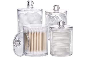 Tbestmax 4 Pack Qtip Holder 10oz, 12oz Bathroom Storage Containers Clear Plastic Apothecary Jars with Lids for Organizing Cotton Ball, Cotton Swab, Cotton Round Pads, Floss