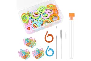 Riddur Lot de 55 anneaux de point de tricot colorés, marqueurs de point verrouillables avec boîte en plastique, anneaux de marqueur de point de 21/17 mm avec aiguille émoussée à gros yeux