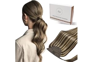 Hetto Ponytail Extension Echthaar Mittelbraun mit Karamellblond Highlights 30cm 70g - Sofortiger Langer Zopf, Einfache Klett & Kamm Befestigung, Ideal für Schnelles Umstyling, Sport, Arbeit #p4/27