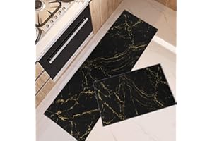 ArtSocket Küchenteppiche und Matten Rutschfest Waschbar 2er Set, Marmor Schwarz Abstrakt Küchenläufer Teppich, Marmor Golden Gold Küche Bodenmatte Unter Spüle Matte Überwurf Teppich für Küche Fußmatte