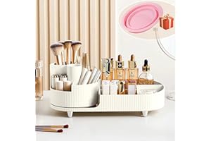 JVISION Make up Organizer 360° Drehbar, Großer Bad Kosmetik Organizer mit Aufbewahrungsbox für Schminktisch – Inkl. Makeup Pinsel Reiniger (Weiß)