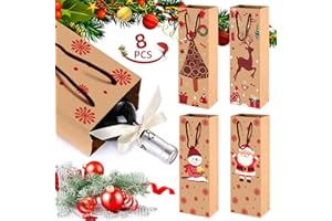 BHGWR sacchetti per bottiglie di vino rosso di Natale in carta kraft con manici 8 per champagne, sacchetti regalo per porta bottiglie vetro natalizie per matrimonio natalizi gli amanti del vino Confezione