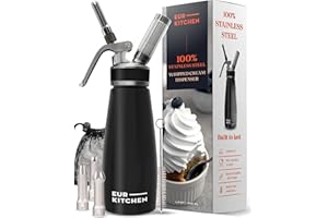 EurKitchen Dispensador de Nata Profesional en Acero Inoxidable - Sifón de Cocina Antigoteo con 3 Boquillas Decorativas y Cepillo – Sifón de Cocina Espumas 500 ml – Cartucho de Gas N2O No Incluido