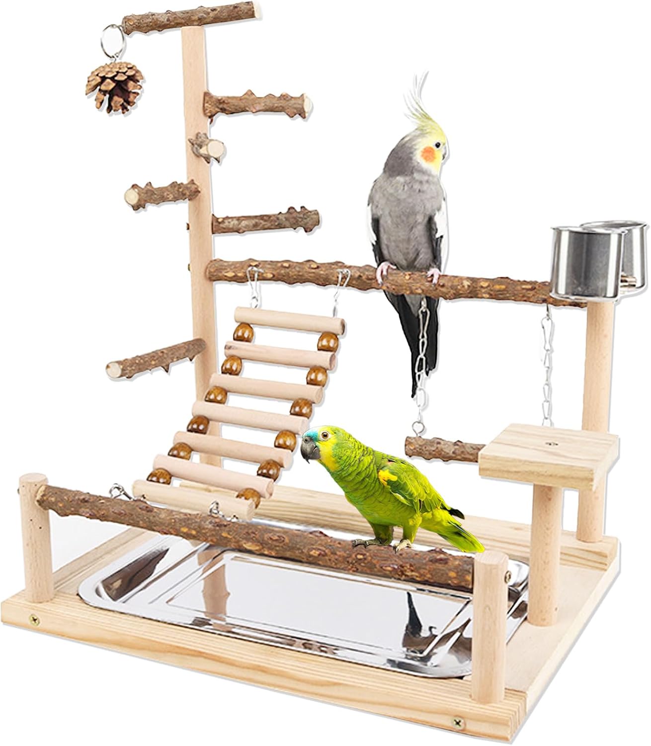 Honicemar Aves Juego Stand - Bird Playground Puesto de Madera para Loros Aves Stand con Percha Escalera Columpio Comedero Bandeja y Juguetes de Gimnasio de Ejercicios para Pájaros Pequeños y Medianos