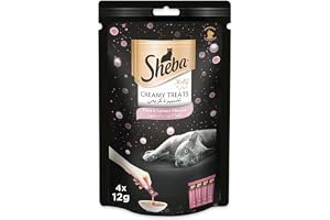 Sheba Cat Food, Melty Tuna & Salmon Flavor Cat Food Wet Creamy Treats, Premium Indulgence, Fed by Hand for a Special Moment so Your Cat Can Find Relish with This Sheba Wet Food Treat, Pack of 4x12g