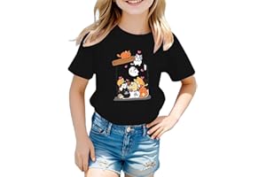 VUNCIO Short Sleeve T Shirts Kids Girls Round Neck Cat Graphic Girls Tshirts Teenage Summer Comfy Cute Cartoon Casual Athletic Loose School Blouse Tops 3-12 Years