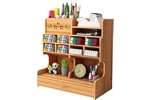 Hggzeg Organizer da scrivania in legno fai da te da te per cancelleria, grande capacità, con cassetto per casa, ufficio e scuola (B18 color ciliegia)