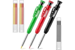 Hiboom 3 Tieflochmarker Bleistifte Zimmermannsbleistifte mit 21 Minen Ölhaltig Druckbleistift mit Eingebaut Spitzer Baustelle Stifte für Bau Handwerker Tischler (Grün, Rot, Schwarz Abdeckung)