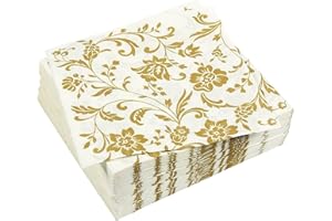BLUE PANDA 100 Pack Gold and White Floral Paper Napkins, Disposable Party Napkins, Soft Serviettes for Wedding, Anniversary Party Supplies, 16.5 x 16.5 cm
