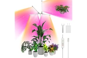 YUYMIKA 96 LED 4 teste Lampada a spettro completo per piante, 15 W Grow Light con spina Euro, timer automatico 3/9/12, cavo da 3 m, asta telescopica da 30-150 cm, luce per piante da giardino