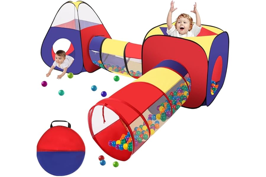 SUNNYNEST 4-in-1 Play Tunnel for Kids, Pop-Up Play Tent with Tunnel & Ball Pit, Zipper Storage Bag, for Boys & Girls, Toddlers & Babies