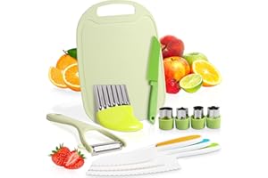 CEVIKNO Juego de Cuchillos de Cocina para Niños, Cuchillos de Seguridad de Madera Seguros para Niños, para Cortar Pasteles de Frutas y Verduras, Incluye Cuchillo de Madera, Tabla de Cortar, Pelador (Verde)