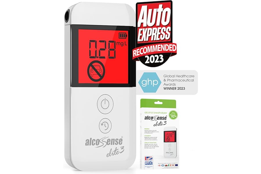 AlcoSense Elite 3 Breathalyser | Health & Pharma Award Winner 2024 | UK, Scottish & Irish Police Alcohol Limits | Home Breathalyzer Alcotester |Alcohol Test Kit