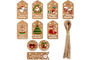 Etichette Regalo Natalizie, Azexcy 50 Pz Tag Regalo in Carta Kraft, Appeso Tag con Cordino di iuta per DIY Regalo di Natale Vacanze Involucro Etichette Borse per Feste