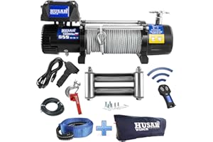 Husar Winch Elektrische Seilwinde 12V, 10000 lbs (4536 kg) mit Stahlseil 28m, drahtlose Steuerung, 3-Stufen-Planetengetriebe - für Abschleppwagen, Geländewagen, Fahrzeuge 4x4
