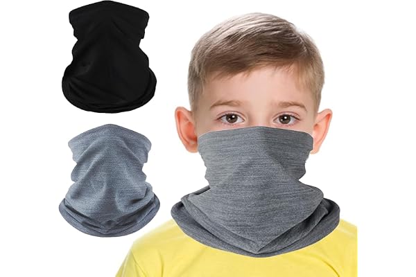 CYYMNA tubhalsduk för barn, 2 stycken halsdukar för barn, slinga halsduk fleece tubhalsduk varm halsvärmare vindtät skidmask, svart och grå, L