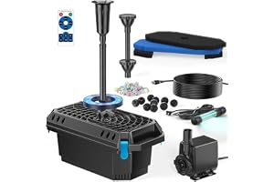 POPOSOAP Dammfilter 2500 l/h med UV-klarare för dammar | Dammpump och filterkit med RGB LED-lampor, allt-i-ett-fontän för trä