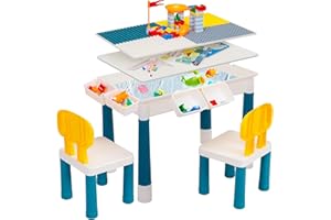 LeFluffy 7-in-1 Activity Table Set,Baby Toddler Table and Chair Set,Building Block Rectangular Table and Chair Set with 100 pcs Play Blocks and 2 Chair,Water/Sand Table for Boys Girls 1-3 age
