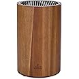 ENOKING Round Knife Holder with Plastic Lid, Acacia Wood Knife Block Without Knives, Universal Knife Block Holder for Scissors, Sharpening Rod and Knives, Knife Storage Organizer Display