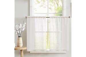 TOPICK Zazdrostki, przezroczyste, w stylu wiejskim, firanka bistro z wzorem krzyżowym, do kuchni, salonu, wiejskiego domu, zestaw 2 sztuk, 90 cm, kość słoniowa, białe