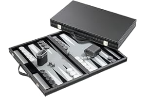 Philos 18.5-inch Backgammon Set in Black Case with Grey Felt Surface, Accessories Included