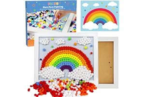 Funto Rainbow Pom Pom Painting Art Kit - 1100+ Colourful Pom Poms and Supplies Included, Canvas and Premium Frame for Home Decor, DIY Painting for Kids and Adults