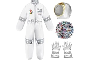 BIGTHREE Astronaut Costume for Kids, Space Costume for Kids with Jumpsuit Gloves, Helmet Name Card, and 50 Pcs Astronaut Stickers, Spaceman Role Play Costume Set for Children
