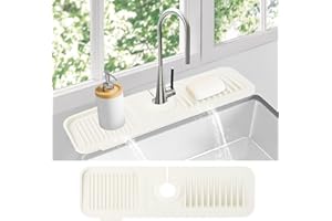 DOLIC Alfombrilla para Grifo de Fregadero de Cocina, Protector contra Salpicaduras de Silicona con Secado rápido y Soporte para Esponja y jabón para Platos (Blanco, 17.6"x 5.5")