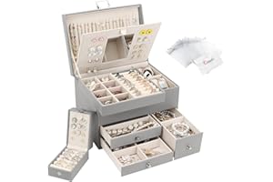 CASIWAFT Jewellery Box Organiser, 3 Layers Large PU Jewelry Storage Case with Portable Travel Case, Jewellery Box with Removable Tray and Mirror for Necklaces Earrings Rings Watches, Grey