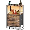 Yornoli Bedside Table with Charging Station 40cm Wide Bed Side Table for Bedroom with 2 Fabric Drawers Small End Tables with Led Lights for Living Room Small Spaces Rustic Brown