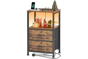 Yornoli Bedside Table with Charging Station 40cm Wide Bed Side Table for Bedroom with 2 Fabric Drawers Small End Tables with Led Lights for Living Room Small Spaces Rustic Brown