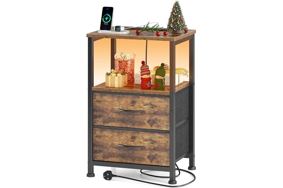 Yornoli Bedside Table with Charging Station 40cm Wide Bed Side Table for Bedroom with 2 Fabric Drawers Small End Tables with Led Lights for Living Room Small Spaces Rustic Brown, ET08-RBA