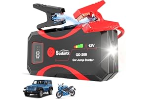 SCSTARTX Démarreur de Saut de Batterie de Voiture, Batterie de Puissance Portable 2000A Peak Jump Box pour Moto jusqu'à 8L gaz et 6L Diesel 3 Modes Lampe de Poche et Pinces de Saut de sécurité