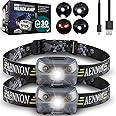 AENNON Rechargeable Head Torch (2 Pack) - 220 Lumens -, 30 Hour Battery - LED Waterproof Headlamp for Camping, Running, Hiking - 150m Vision Head Lights for Head