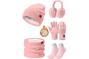 UMIPUBO Knitted Hat and Scarf Set 5 PCS Thermal Winter Sets Warm Plush Ear Warmers Knitted Scarf Beanie Hat and Touch Screen Gloves Set Ski Women Outing Earmuffs Socks Set for Outdoor Sports