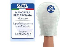G.M. DISTRIBUZIONE GM 100 Manopole Saponate Monouso di Alta Qualità, Impermeabili all'interno, con Soffice Spugna Esterna, Guanti Saponati Monouso Delicatamente Profumati, Senza Risciacquo, Spugne per Anziani Monouso