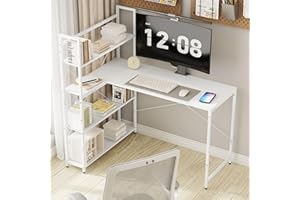 Klihome Scrivania Angolare a Forma di L 120cm, con Libreria 4 Ripiani, Scrivania Salvaspazio, Tavolo da Ufficio, Postazione di Lavoro in Legno e Metallo, Bianco, K0005TS