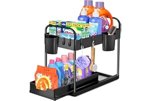 HILEYOLLA Organizador Bajo Fregadero Deslizante Encimera, Estante Multiuso con Cajones, Especiero con Cestas Extraíbles Mueble de Almacenaje (Negro)