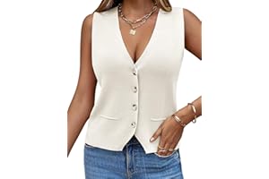 Saodimallsu Damski sweter bez rękawów kamizelka dzianina dekolt w serek guzik modny luźny luźny kardigan kobiety letnia kamizelka z dzianiny sweter