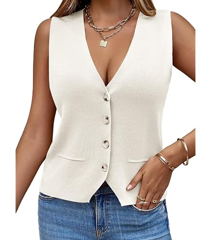 Cardigan Femme Boutons Col V Oversize Sans Manches Tricoté Avec Poches - Pull Gilet Solide Confortable