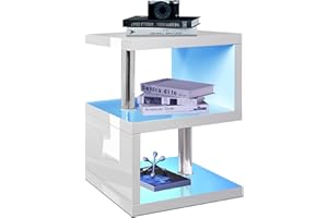 Blisswood White Side Table Small Bedside Table for Hallway, High Gloss Sofa End Table With RGB Led Lights, 2 Tier Storage Shelves Rectangle Nightstand for Living Room Bedroom