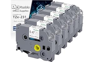 6 x Msudoku TZe-231 kompatybilna z Brother TZe231 TZ231 TZ 12 mm 0,47 laminowana biała taśma do etykiet kompatybilna z Brother P Touch D200 D410 H110 H105 H107B H100R E100 1000, 12mm x 8m