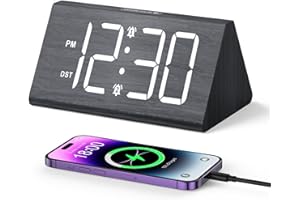 ORIA Cyfrowy budzik LED, 7", styl drewna, zegar cyfrowy, budzik podróżny z 2 alarmami, 5 jasności, 3 poziomy głośności, drzemka, DST, kolorowe światło otoczenia, nowoczesny zegar stołowy do sypialni,