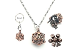 Haxtec Mini Metal DND Dice Set With Copper Hollow D20 Necklace Dice Case Antique Tiny Copper Metal Dice Set D&D Keychain Portable 7PCS Dice Set