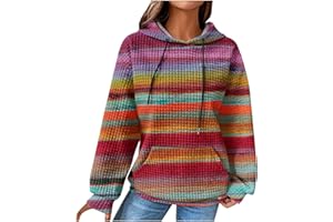 EMATOP Damen Baumwolle Hoodie Causal Langarm Kapuzenpullover Herbst Winter Warm Pullover Vintage Bunte Print Sweatshirt mit Kapuze Pulli Oberteile Mode Waffel Kapuzenpulli mit Taschen Outwear